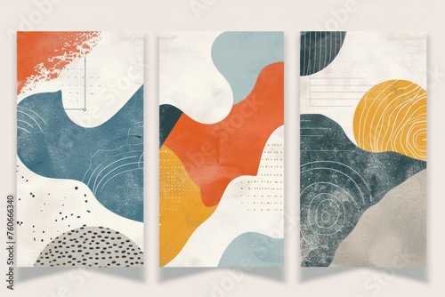 Set of three abstract minimalist backgrounds. Hand-drawn illustrations with japanese geometric pattern.