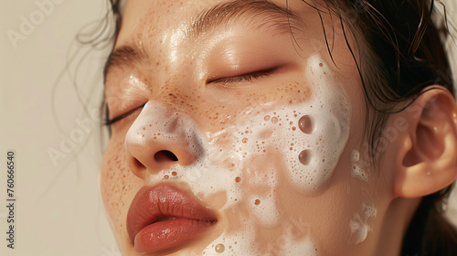 white facial mask filled with lather on the skin