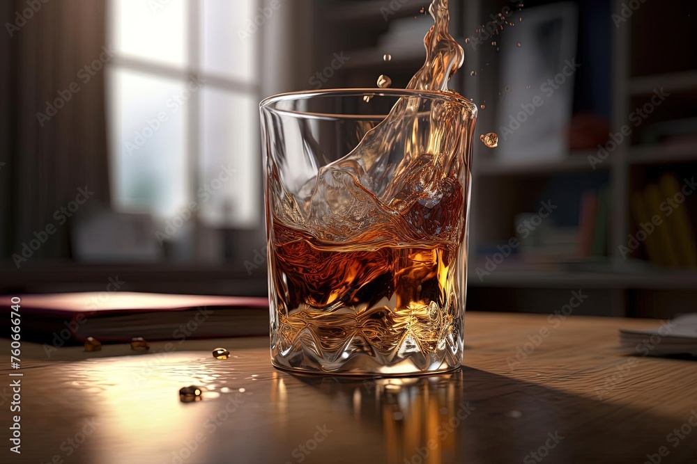 Beautiful Art of Whiskey Splash on Wooden Table with Blurred Background Beautiful Art of Whiskey Splash on Wooden Table with Blurred Background
