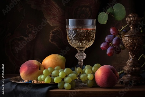 Wine and Fruit Still Life on Table
