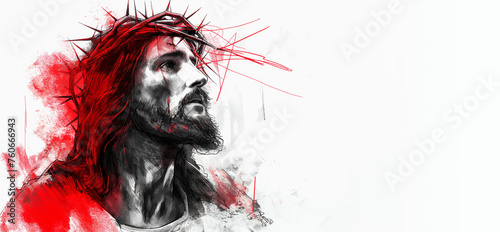 Red black sketch of Jesus Christ with crown of thorns on his hand on white background.