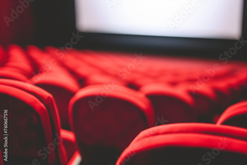 The image shows an empty movie theater with red chairs and a blank white screen