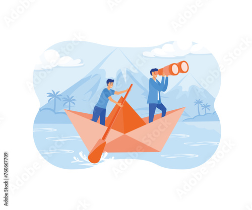 Leadership Concept. Businessman Leader looking through a telescope by two business people stands with a paddle floating on a paper boat on the sea.  flat vector modern illustration