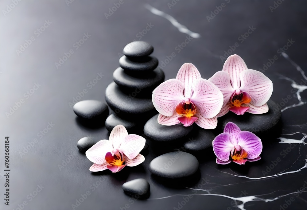 Several pink orchids with a mix of black, white, and grey stones on a dark textured surface Several pink orchids with a mix of black, white, and grey stones on a dark textured surface
