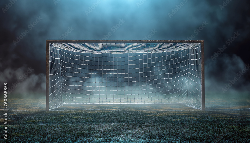 Naklejka premium Sports goal with net on dark background in a fog or smoke. Soccer goal. 