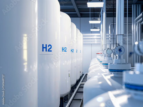 Hydrogen distribution station. White industrial tanks with H2 fuel. Production of hydrogen fuel. © AB-lifepct
