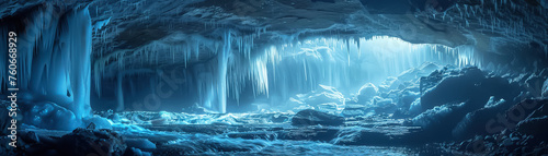 a crystal cave with luminescent minerals and a hidden underground waterfall photo