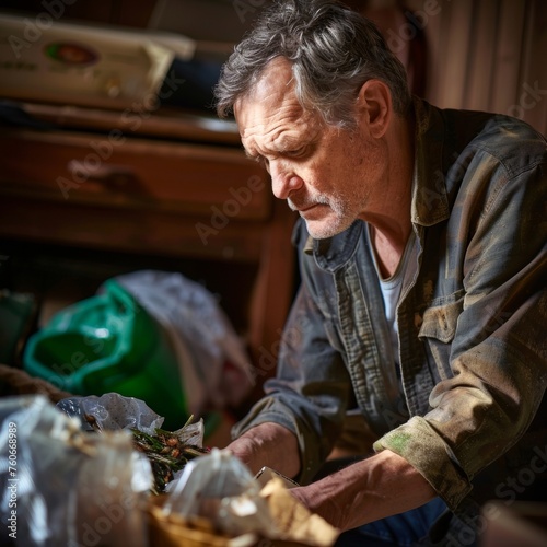 Concentrated older man organizing recyclables at home, a personal narrative of commitment to eco-friendly practices