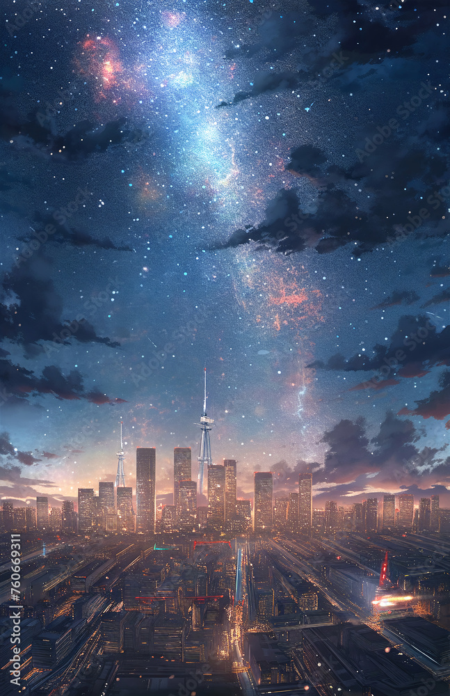 Tokyo skyline at night with meteor shower, Anime artwork V2 Stock ...