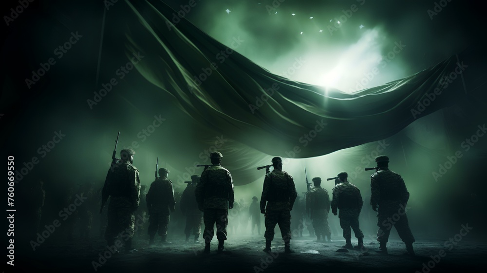 War Concept. Military silhouettes fighting scene on war fog sky background, World War Soldiers Silhouettes Below Cloudy Skyline At night. Attack scene. Armored vehicles. Selective focus