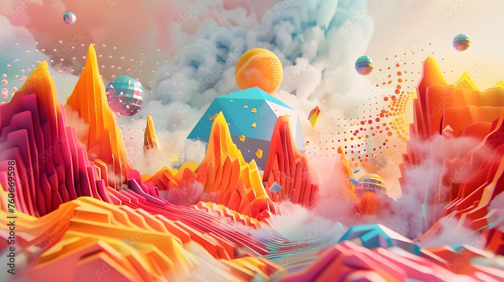 Fototapeta premium Vibrant 3D Geometric Landscape with Floating Mountains and Colorful Clouds
