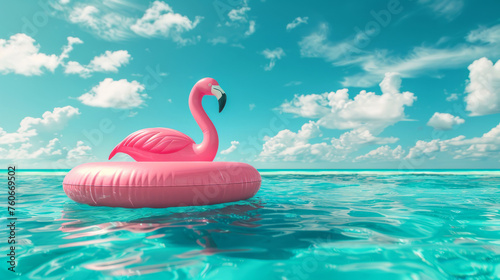 Pink inflatable flamingo floating in a calm turquoise sea with blue skies symbolized summer travel and vacation relaxation © LiliGraphie