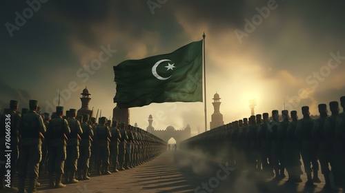 Silhouettes of soldiers with Pakistan flag in the foreground. 3D rendering