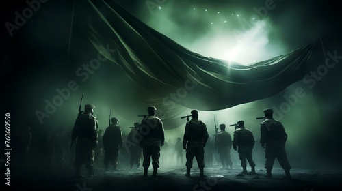 War Concept. Military silhouettes fighting scene on war fog sky background  World War Soldiers Silhouettes Below Cloudy Skyline At night. Attack scene. Armored vehicles. Selective focus