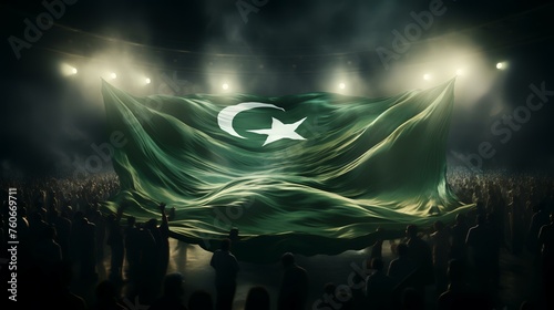 Large group of people with Pakistan flag waving in the dark with smoke