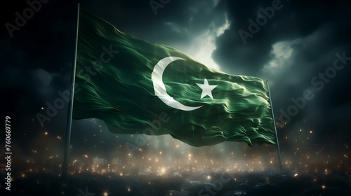 Dark gloomy sky, dark ground with glowing Pakistan flag 3D illustration