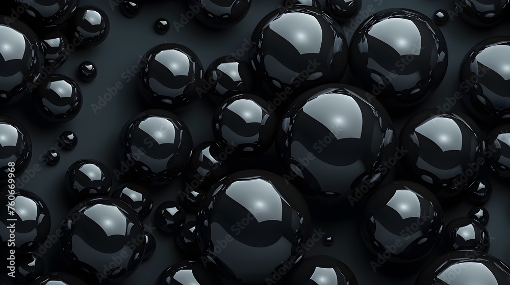Rich Black 3D Spheres Glossed on a Dark Surface - obrazy, fototapety, plakaty 