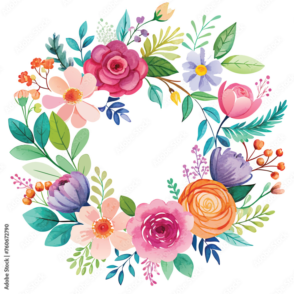 Watercolor Beautiful floral wreath with colorful flowers and leaves. Vector 