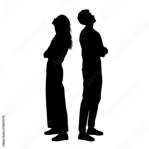 Obraz na płótnie Vector silhouettes of a man and a woman, a couple of business people standing in profile, looking up, black color on a white background w salonie