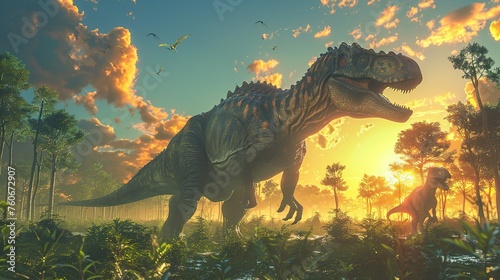 Dinosaurs in the Triassic period age in the green grass land and blue sky background, Habitat of dinosaur, history of world concept photo
