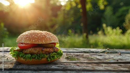 Vegan vegetarian burger diet on forest wallpaper background