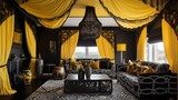 Incorporate black and yellow graphic print fabric panels from the ceiling with fringe and bead accents for boho flair.