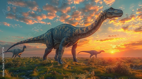 Dinosaurs in the Triassic period age in the green grass land and blue sky background, Habitat of dinosaur, history of world concept © Jennifer