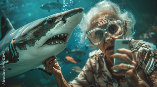 Elderly Woman Scuba Diving with a Shark © Tiz21