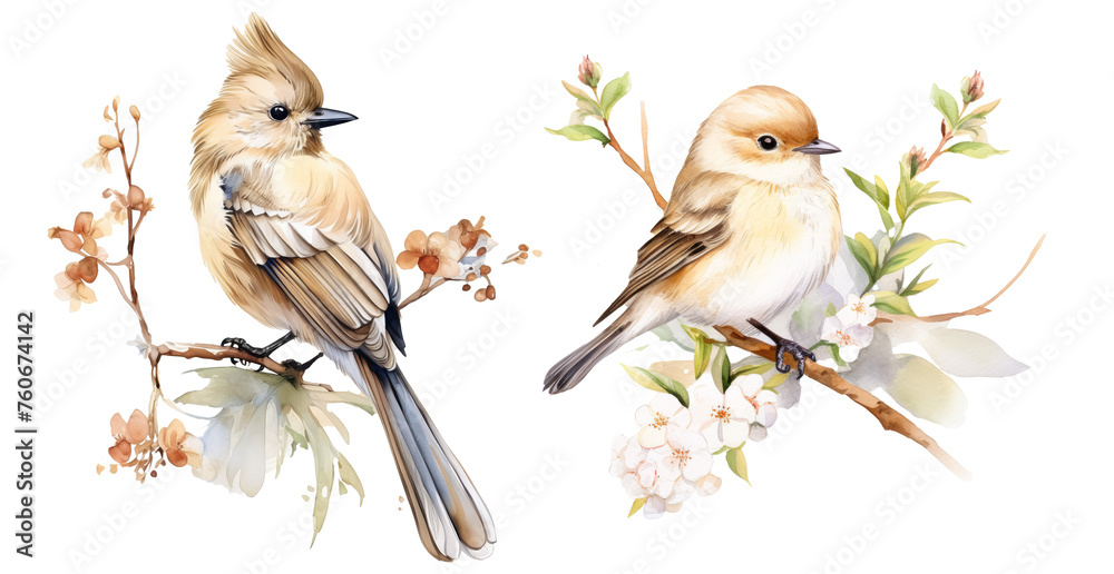 Two birds on flowering branches in watercolor Two birds on flowering branches in watercolor