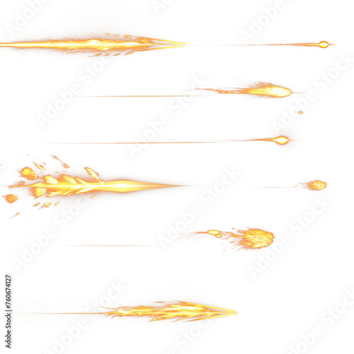 High quality set of isolated fire flames in different shapes, flying, in motion. Flame, explosion after gun fire. Transparent background.