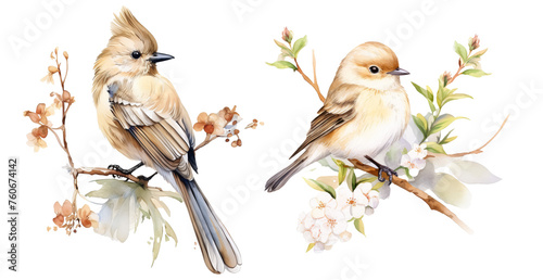 Two birds on flowering branches in watercolor