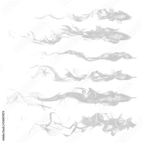 Set of 6 isolated translucent white or gray waving smoke on transparent background.  White Grey smoke depending on the background color used 