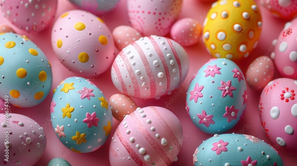 Colorful Easter eggs with decorative patterns on a pink background