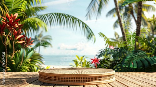 Bohemian Rattan Podium With A Sunny Beachside Cabana Background. Summer Fashion Product Displays Promotion