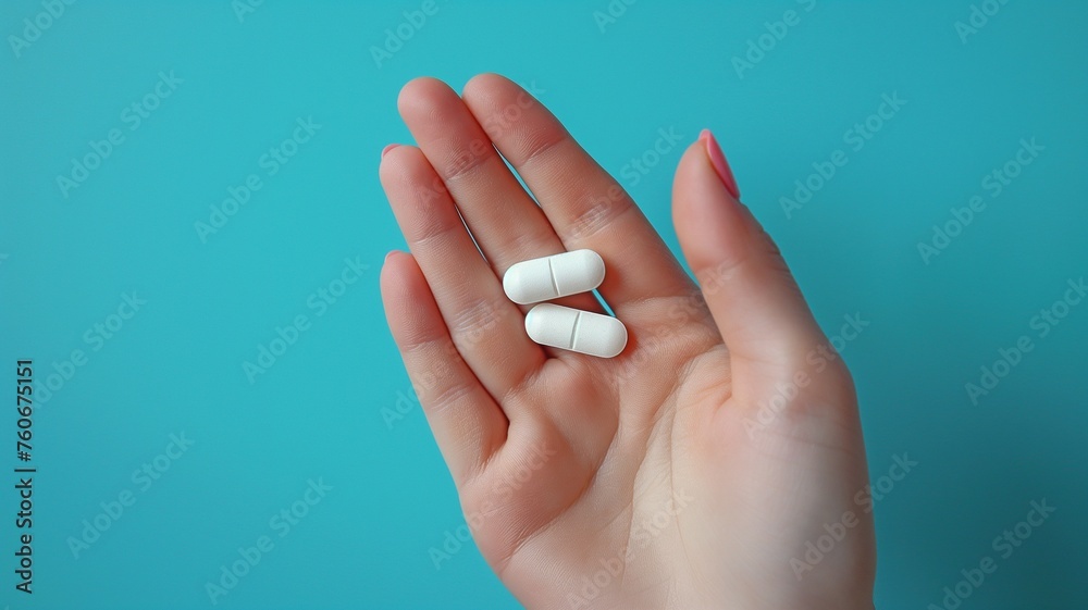Against a blue background, a hand holding white capsules Against a blue background, a hand holding white capsules