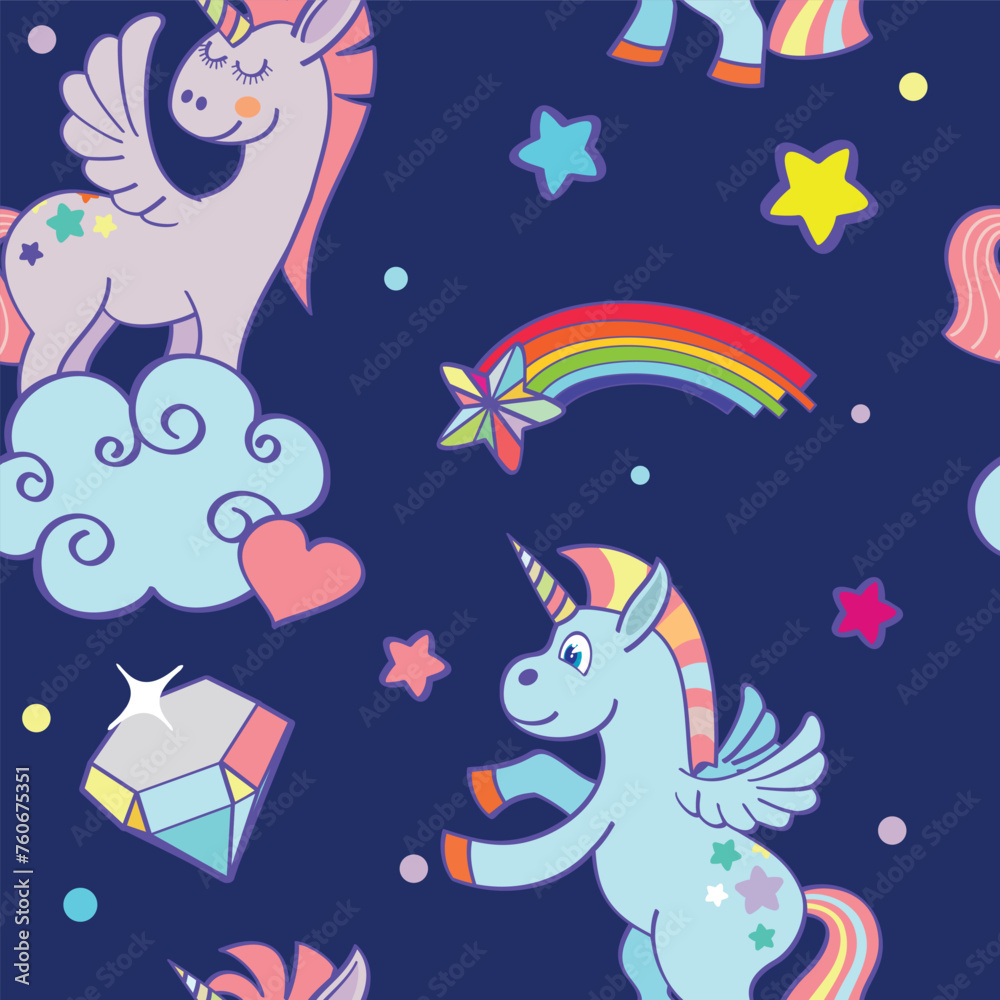 Unicorn magic pattern. Seamless night sky with stars
