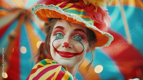 Woman clown on circus tent wallpaper background