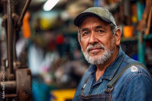Portrait of a bearded elderly Middle Eastern or asian man working in a factory.