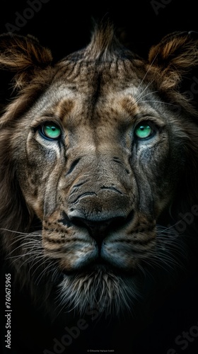 Portrait of huge beautiful male African lion with green eyes against black background photo