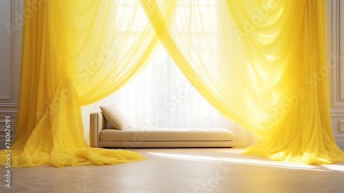 Incorporate yellow sheer curtains with a subtle ombr?(C) effect for added dimension.