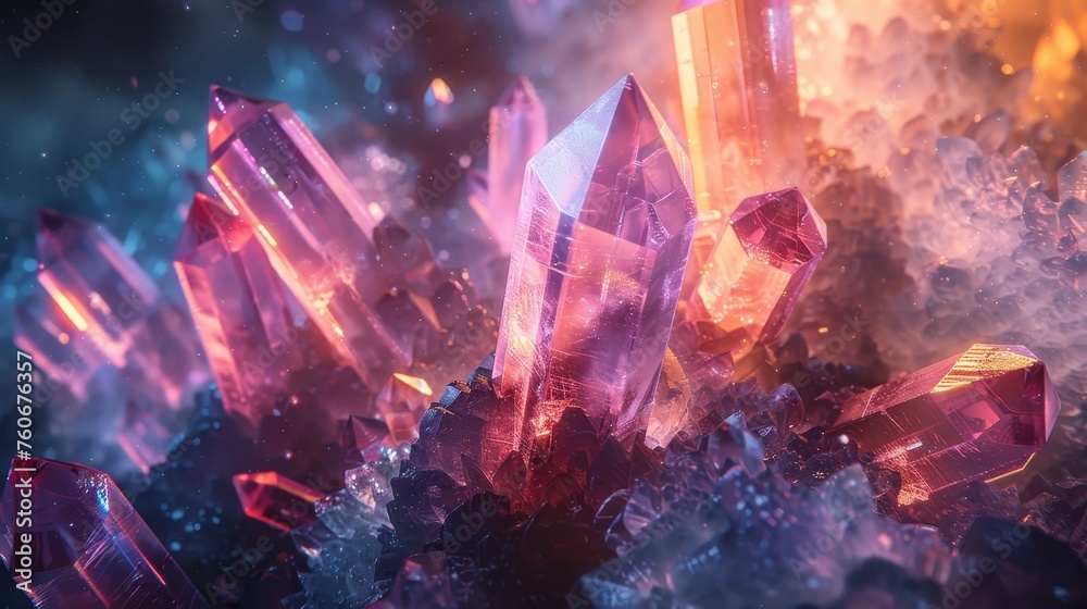 An array of vibrant, light-infused crystal formations stand out with dramatic colors against a softly blurred background.