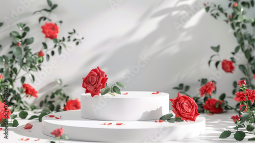 A white podium adorned with pink roses presents beauty products against a natural backdrop,