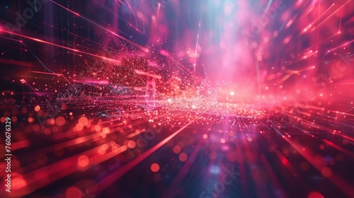 A high-speed burst of data traveling through a digital landscape, depicted with vibrant pink and red light streams and particles. © Rattanathip