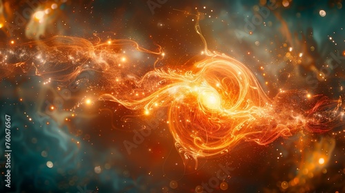 A fiery nebula swirls with intense energy, emitting a warm glow reminiscent of a cosmic firestorm, set against the dark canvas of space.