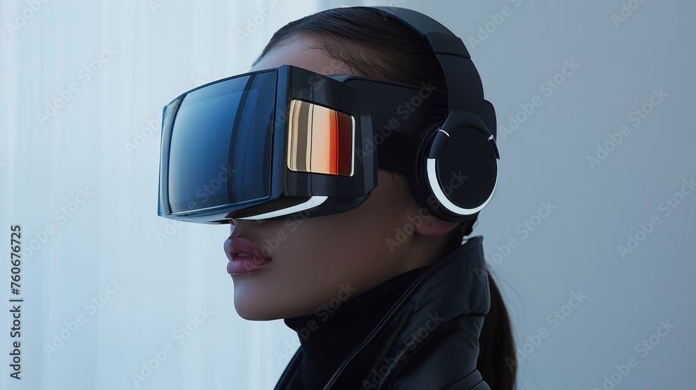 A woman in a leather jacket wears a cutting-edge virtual reality headset and headphones, engaging in immersive digital experiences. A woman in a leather jacket wears a cutting-edge virtual reality headset and headphones, engaging in immersive digital experiences.