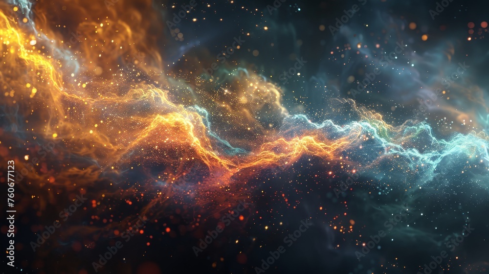 A dramatic cosmic event where fiery and icy nebulae meet, creating a vibrant explosion of color and particles in space.