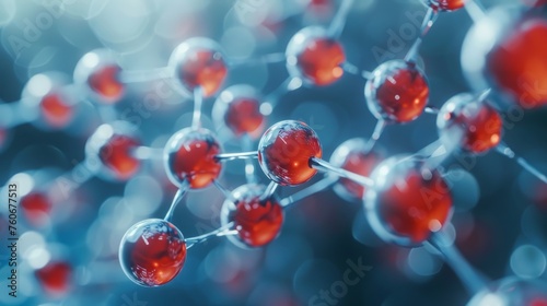 Close-up of a red and white molecular structure with a cool blue bokeh effect in the background, depicting chemical or biological science concepts.
