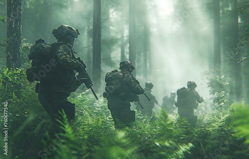 Troops from the military force going carefully through a forest in a commando formation