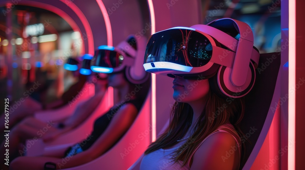 Individuals with VR headsets immersed in virtual gaming at a futuristic arcade. Individuals with VR headsets immersed in virtual gaming at a futuristic arcade.