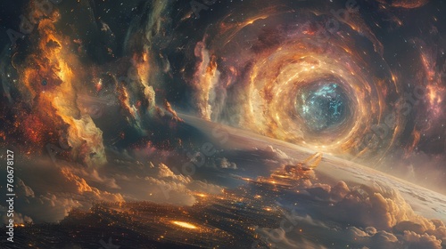 A breathtaking vista of a spiral galaxy merging with a majestic cloudscape, evoking a sense of grandeur.
